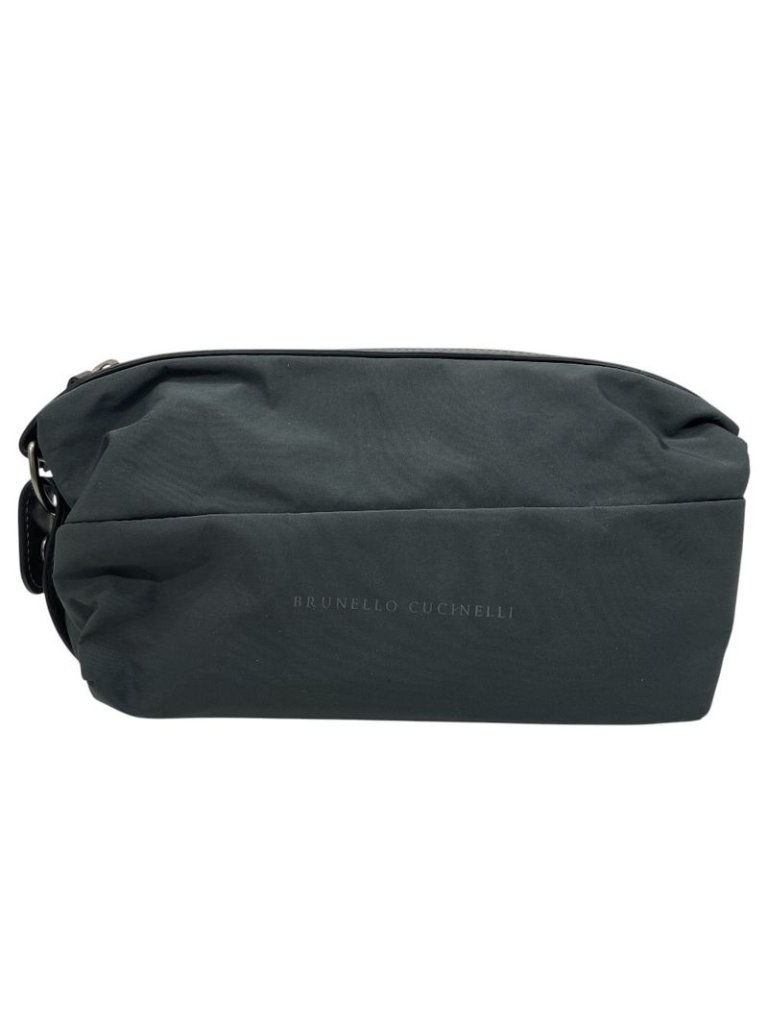 Brunello Cucinelli Pouch Travel Case Polyester Leather Gray Logo Luxury